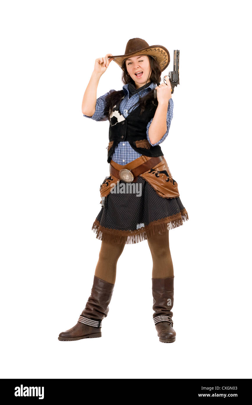 Fröhliche Cowgirl mit einer Pistole Stockfoto