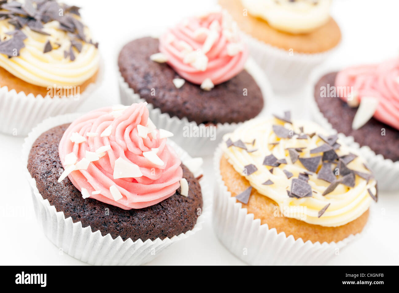 Schokolade und Vanille Cupcakes gefrostet und garniert mit Schokoladenflocken. Stockfoto