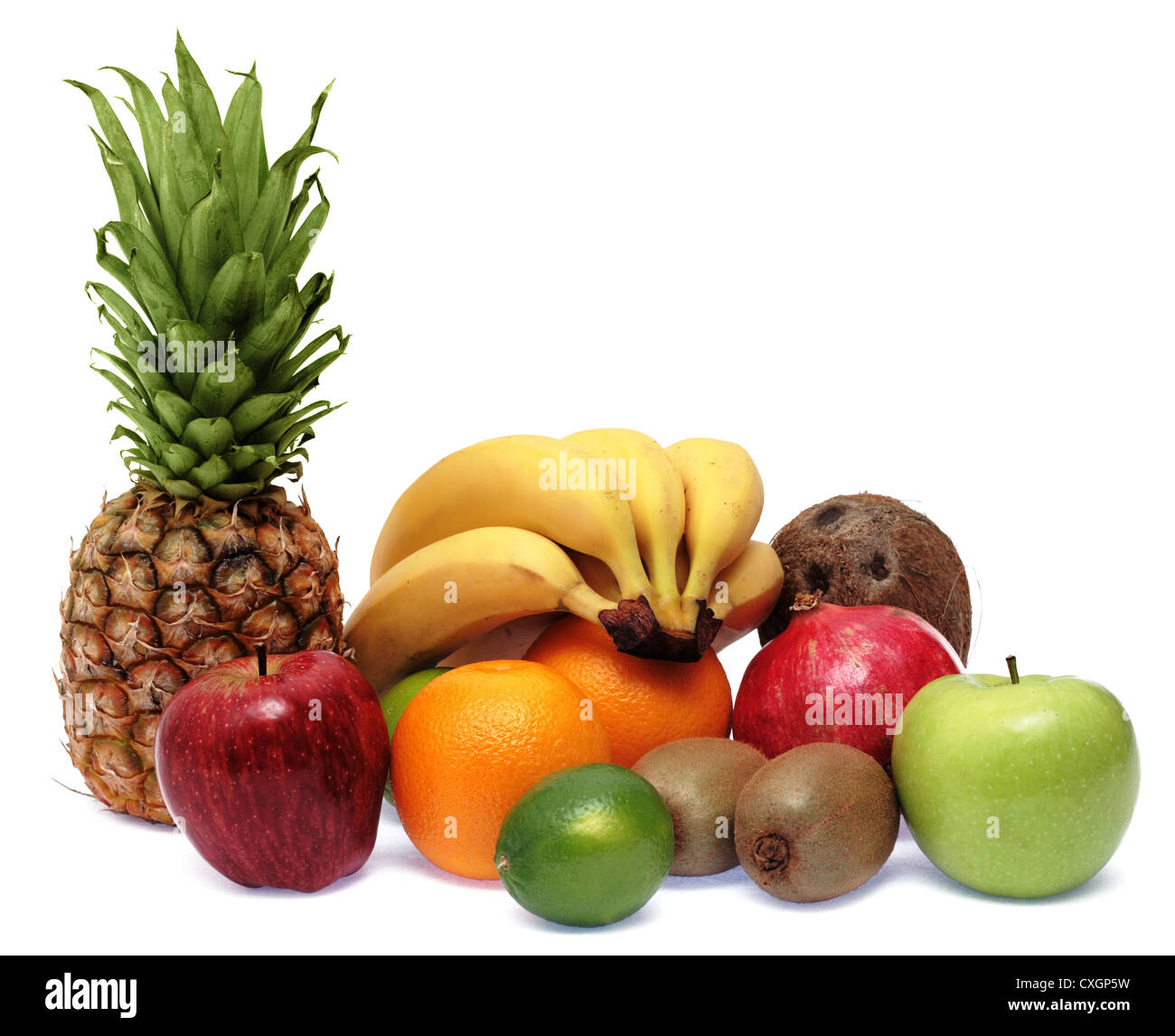 Gruppe von frischen reifen Früchten isoliert auf weißem Hintergrund Stockfoto