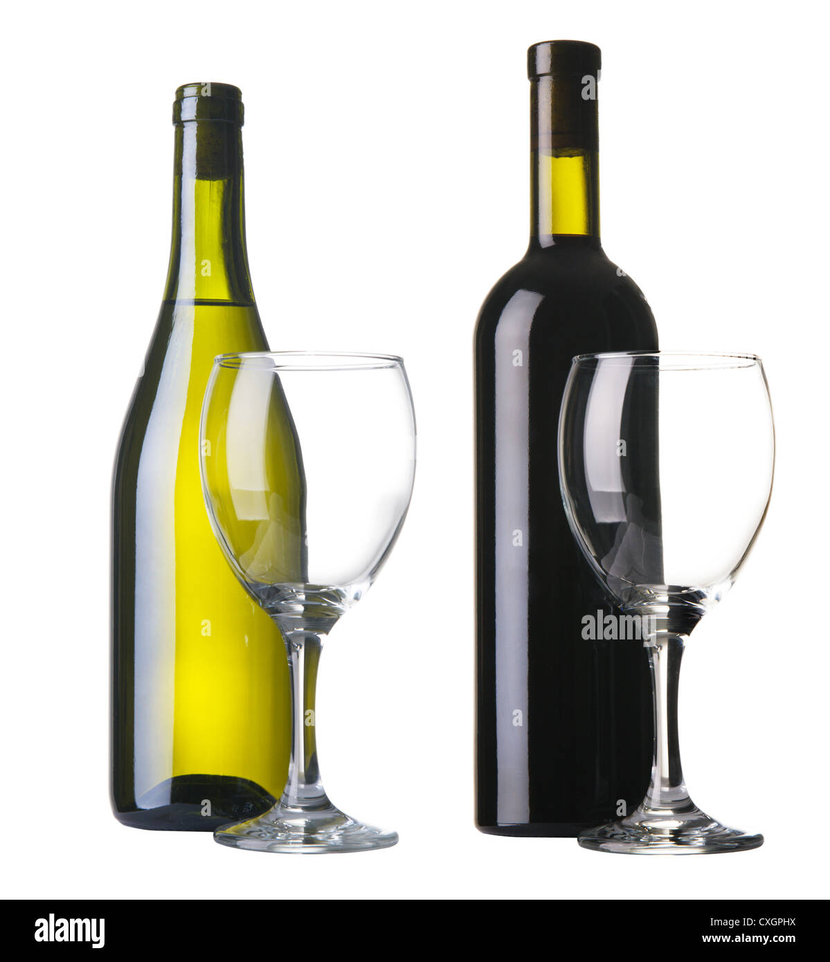 Flaschen rot- und Weißwein, isoliert auf weißem Hintergrund Stockfoto