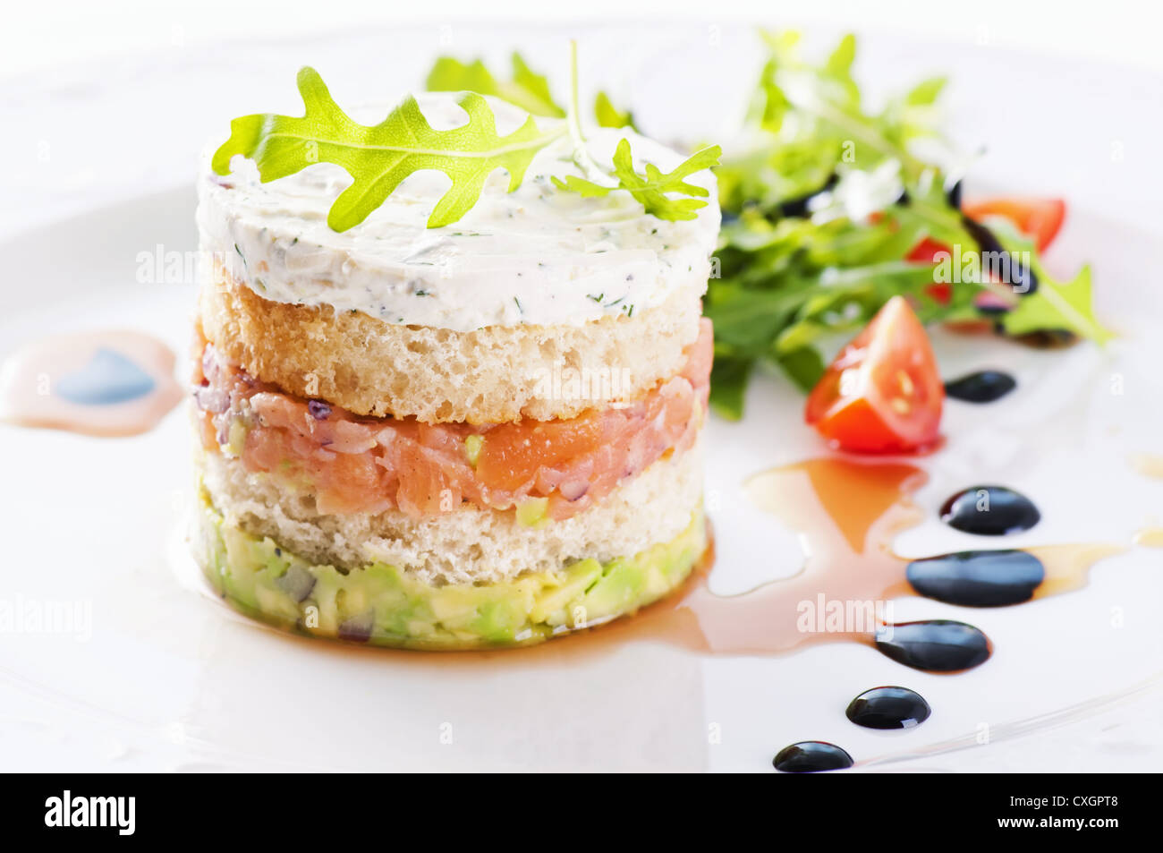 Vorspeise mit Lachs Tartare und Salat Stockfoto