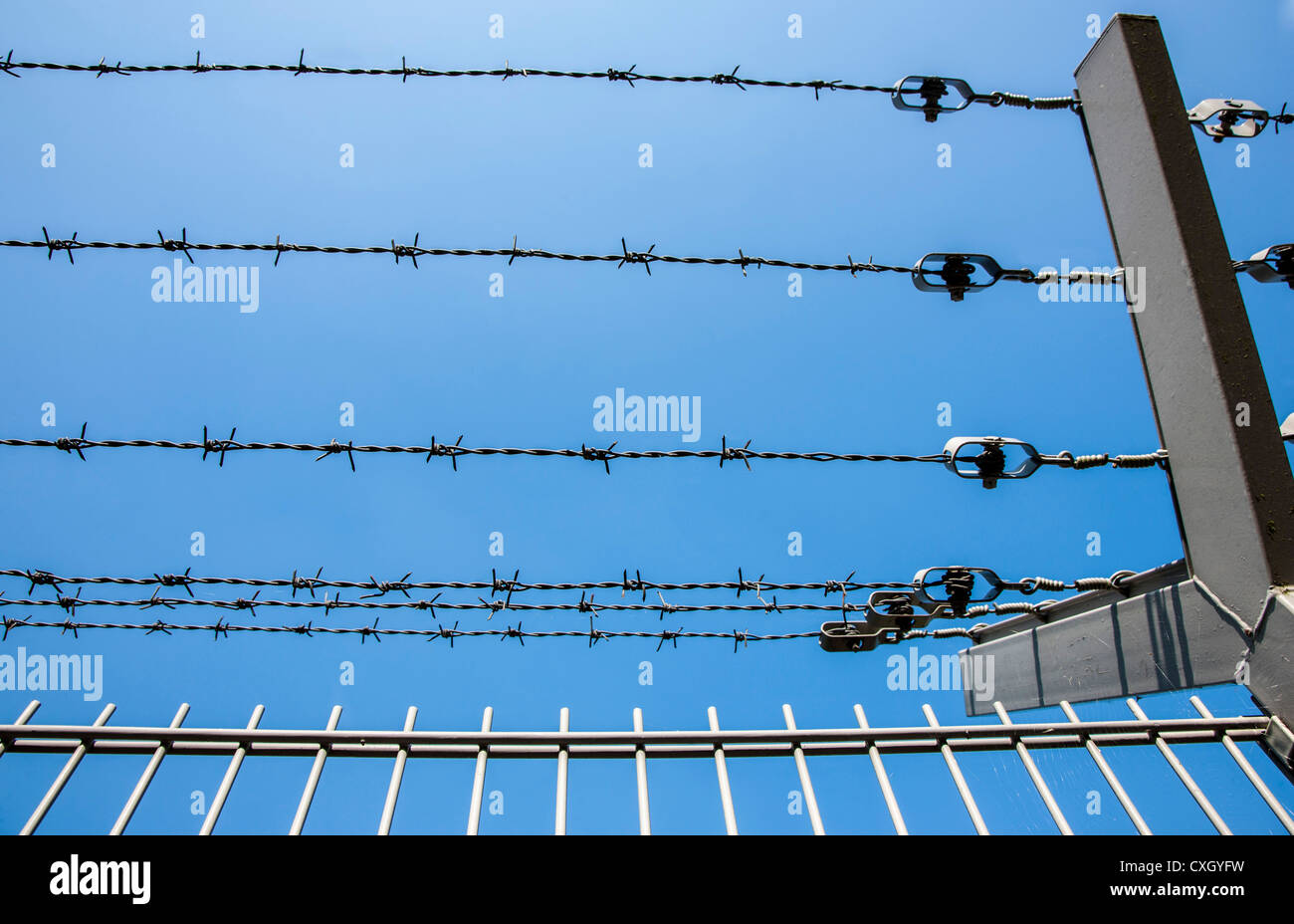 Stacheldraht, eine Fläche zu schützen. Eisen, Metall Zaun mit Stacheldraht obendrauf. Stockfoto
