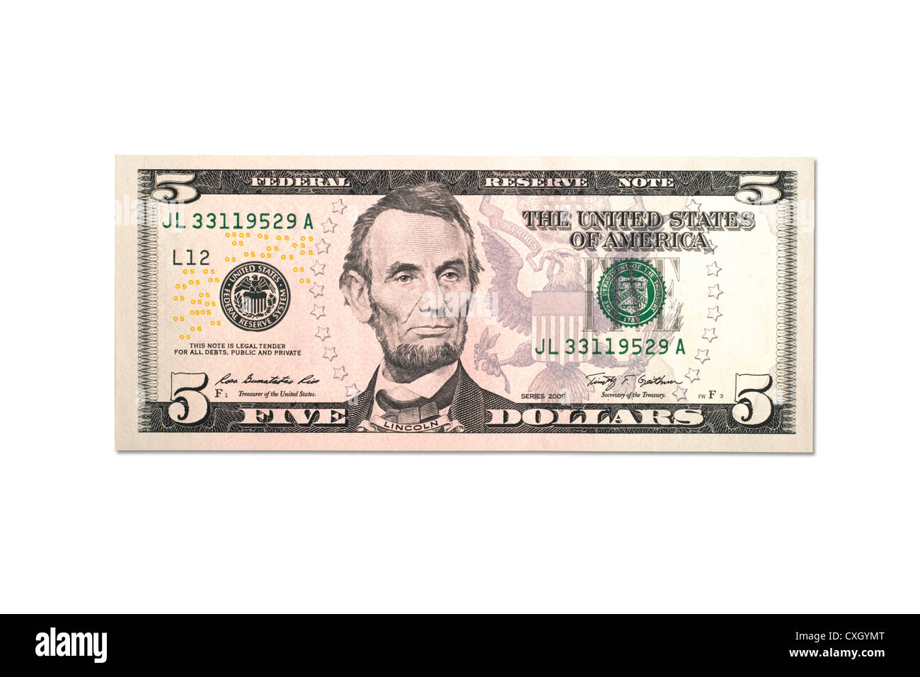 Dollar bill, fünf-Dollar-Bill, vorne, US-Dollar, isoliert auf 100 % weiss Stockfoto