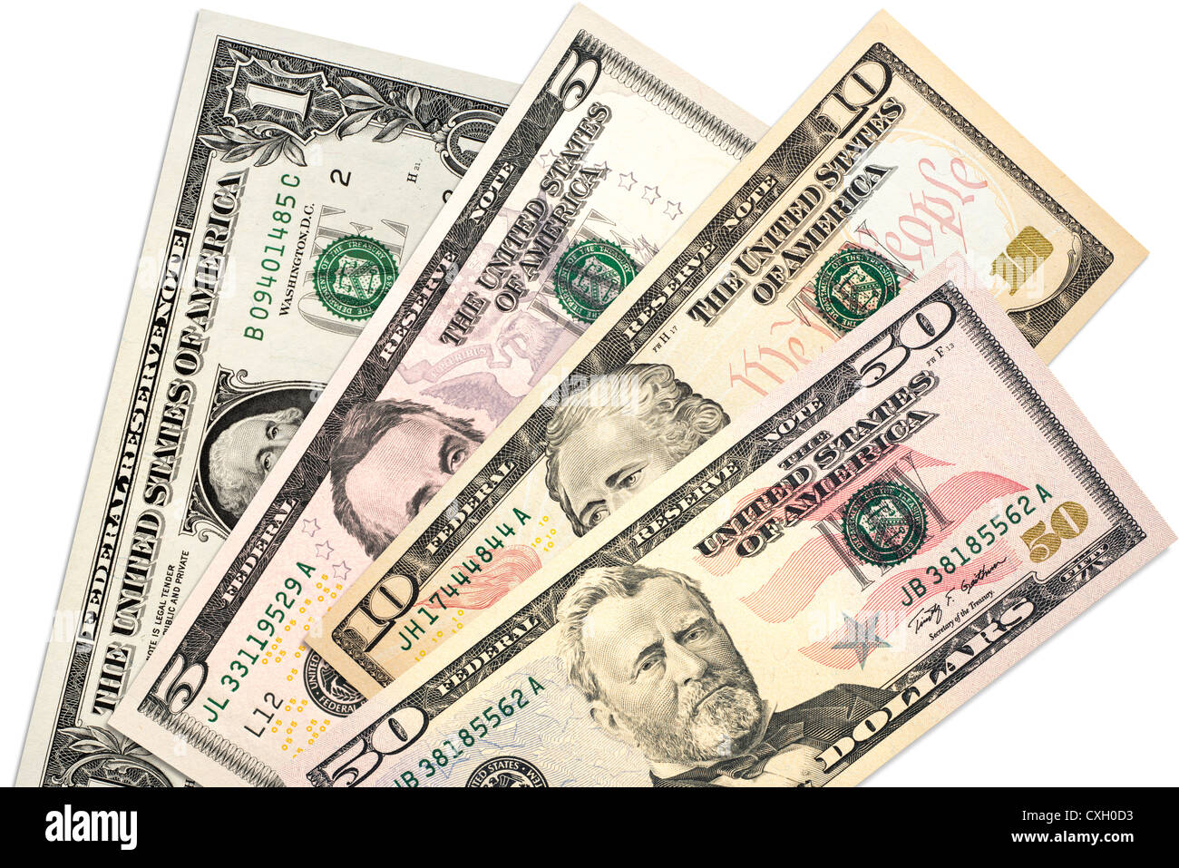 vier verschiedene Dollar Bills, US-Dollar, Front, isoliert auf 100 % weiß Stockfoto