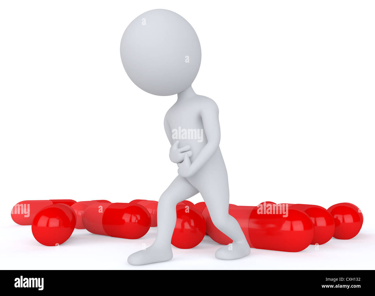humanoide 3D-Charakter mit Magenschmerzen und mit roten Kapseln Stockfoto