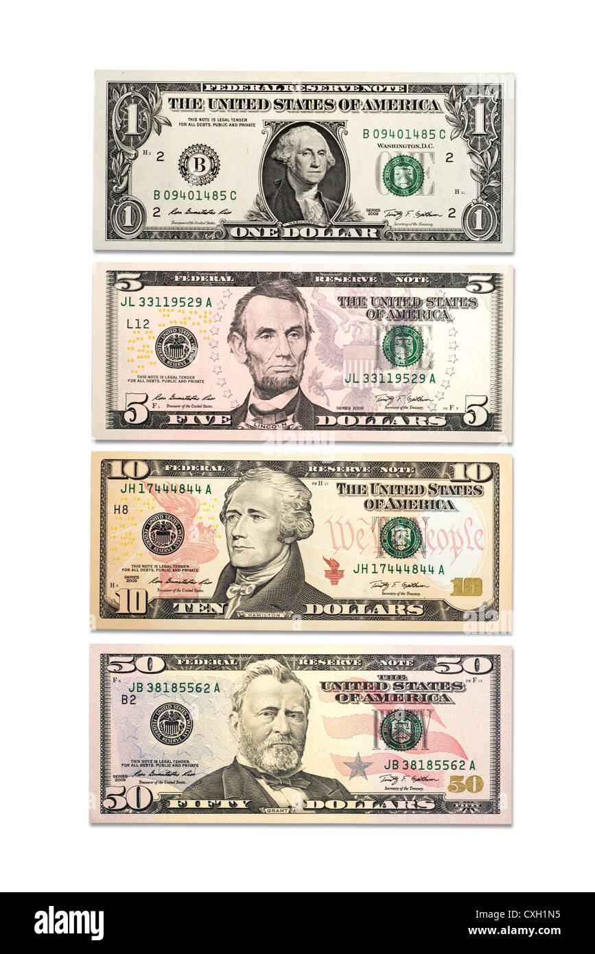 vier verschiedene Dollar Bills, US-Dollar, Front, isoliert auf 100 % weiß Stockfoto