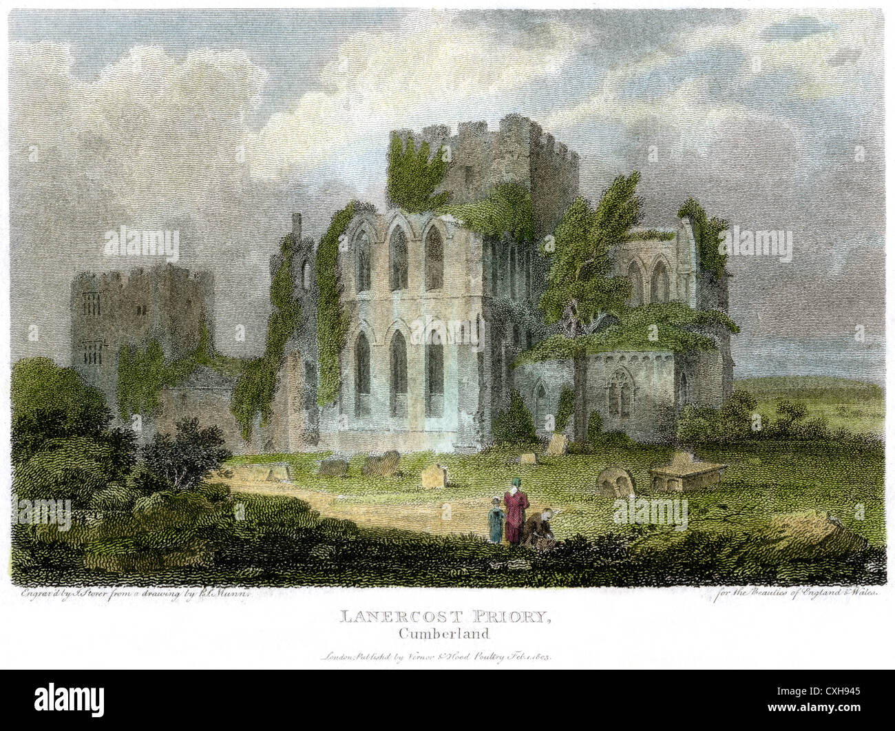 Ein Farbdruck von Lanercost Priory, Cumberland (Cumbria) UK, gescannt in hoher Auflösung aus einem Buch, das 1803 veröffentlicht wurde Stockfoto