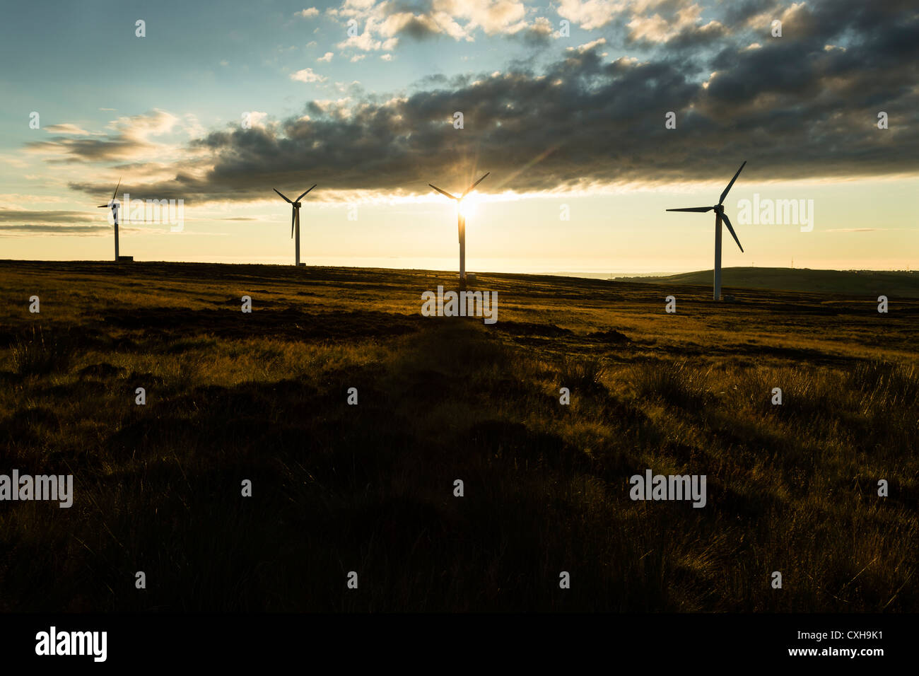 Windpark bei Ovenden Moor in der Nähe von Oxenhope, West Yorkshire. Stockfoto