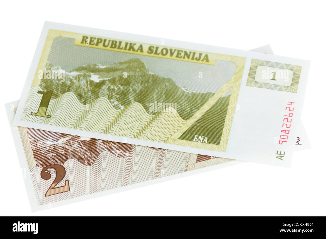 Slowenische 1 und 2 Tolar-Banknoten Stockfoto