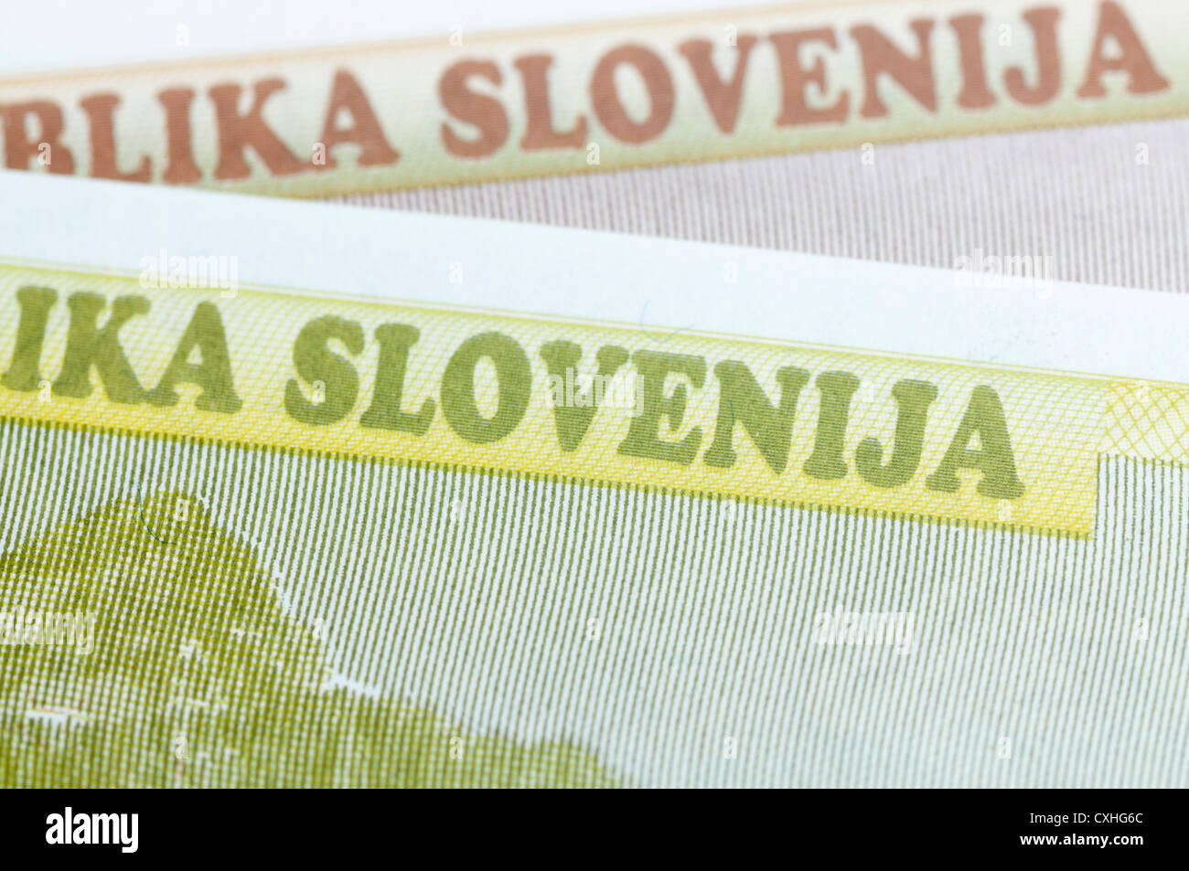 Slowenische 1 und 2 Tolar-Banknoten Stockfoto