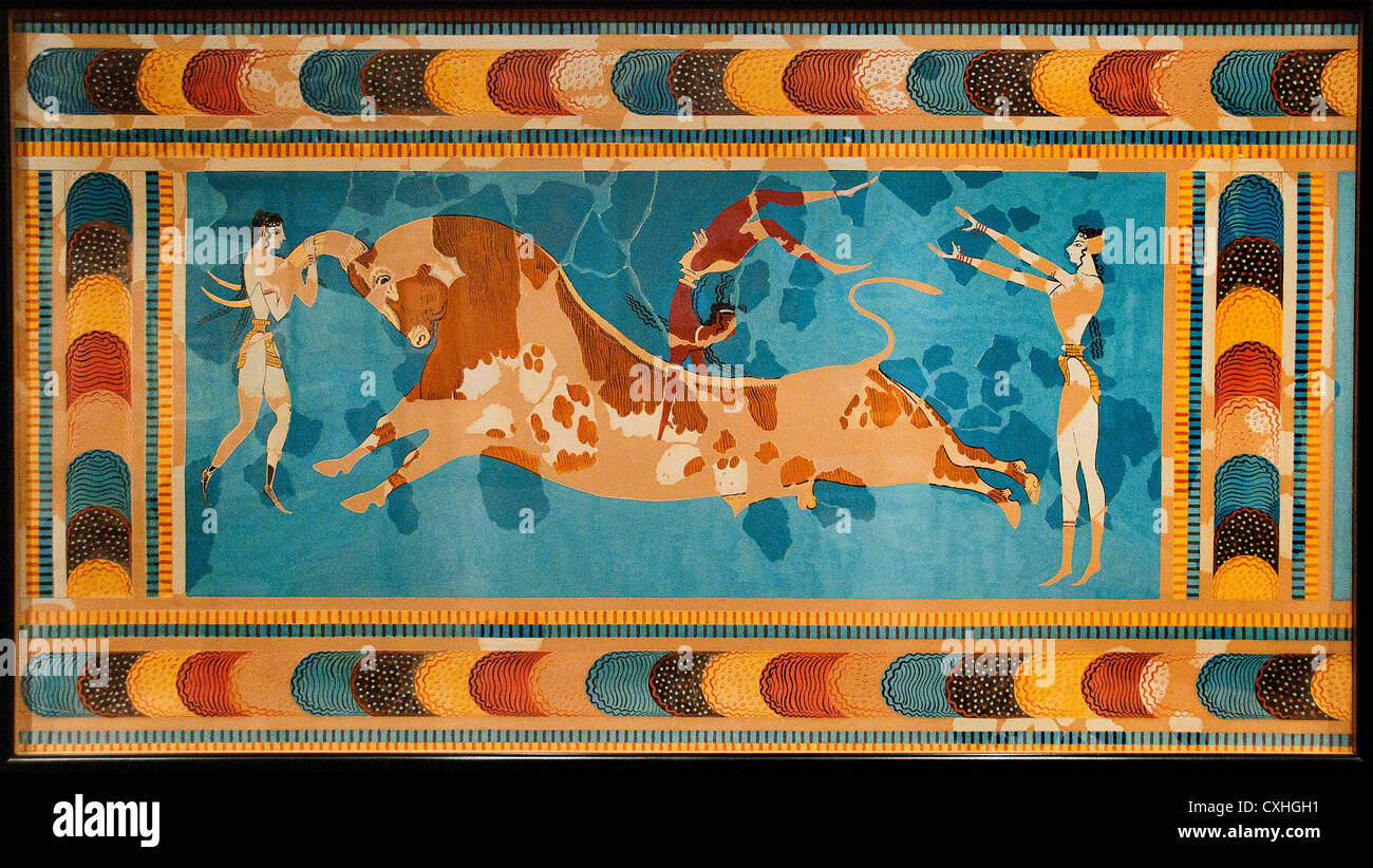 Der Stier springen 1425-1300 v. Chr. minoischen Fresken großen Palast Knossos Crete Griechenland Reproduktion von Emile Gilliéron 1906 Stockfoto
