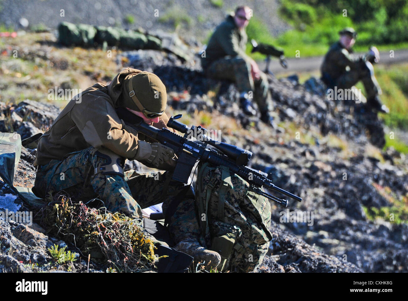 Gemeinsame Basis ELMENDORF - Richardson, Alaska - Anchorage Polizei Abteilung spezielle Waffen und Taktiken (SWAT) Team Offiziere Zug auf dem High-Angle Sniper Strecke am Joint Base Elmendorf-Richardson, Dienstag, August 28, 2012. Die spezialisierte Ausbildung bereitet die Offiziere für mehrere Szenarien, in denen die Treffsicherheit und Aufklärung notwendig sein kann. Stockfoto