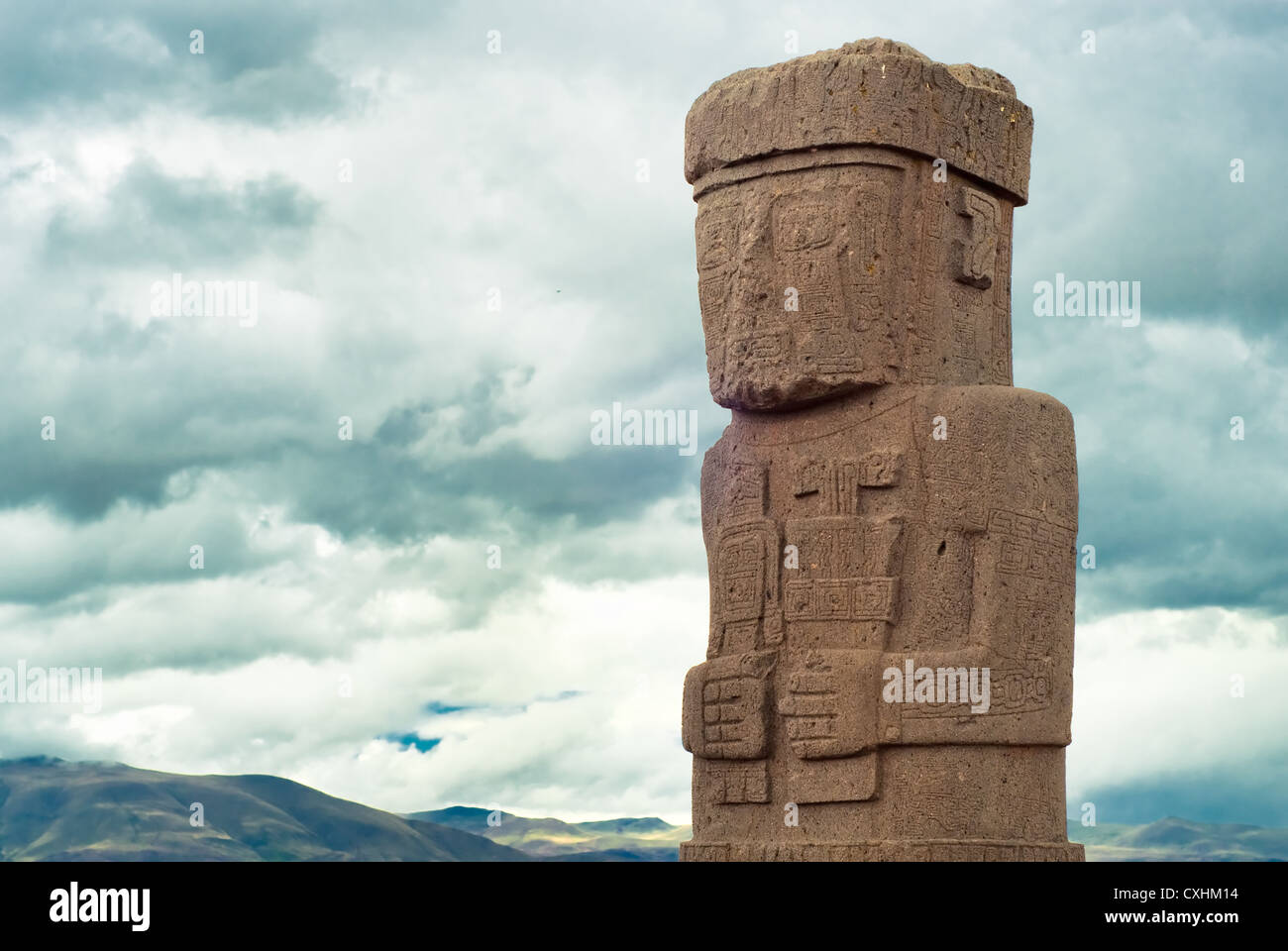 Monolith auf Ruinen von Tiwanaku, Bolivien Stockfoto