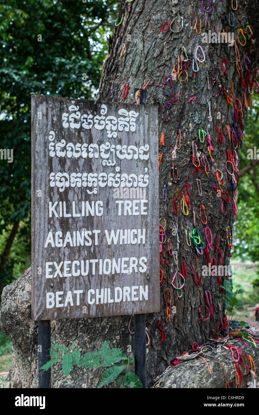 Tötung Baum wo Henker schlug und tötete Kinder in Choeung Ek Genozid-Denkmal (Tötungfelder), Phnom Penh, Kambodscha Stockfoto