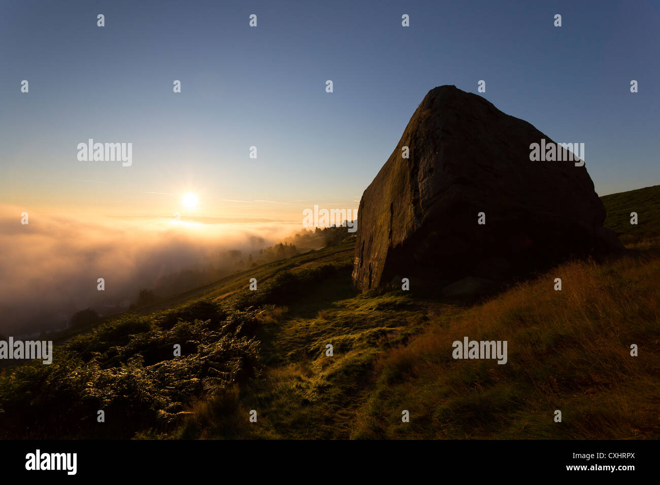 Die Kuh und Kalb Felsen auf Moor, Ilkley, West Yorkshire, bei Sonnenaufgang. Stockfoto