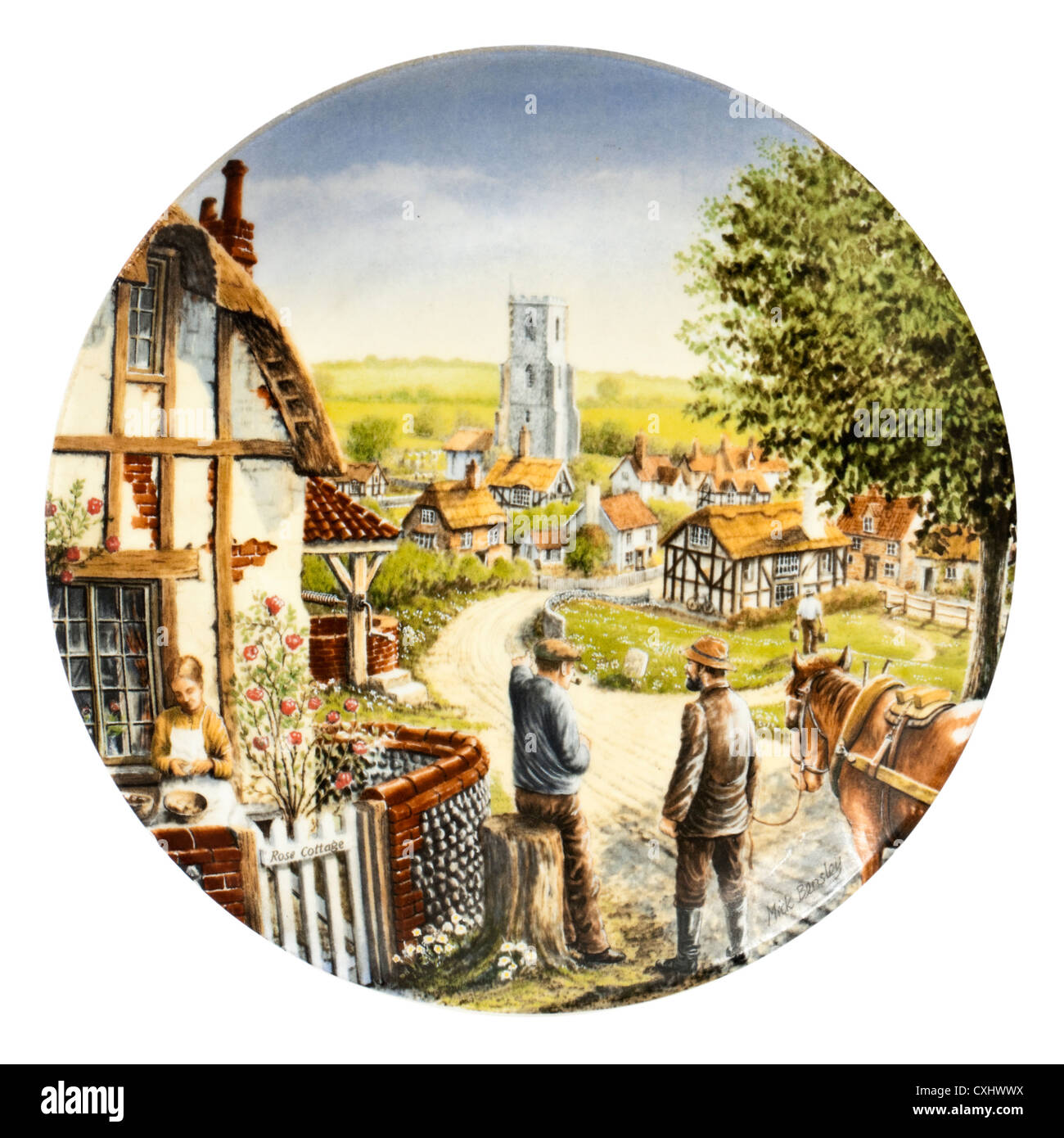 Royal Doulton Porzellan Sammler Teller - "Rose Cottage", erste Ausgabe in der Reihe "Reise durch das Dorf" Stockfoto