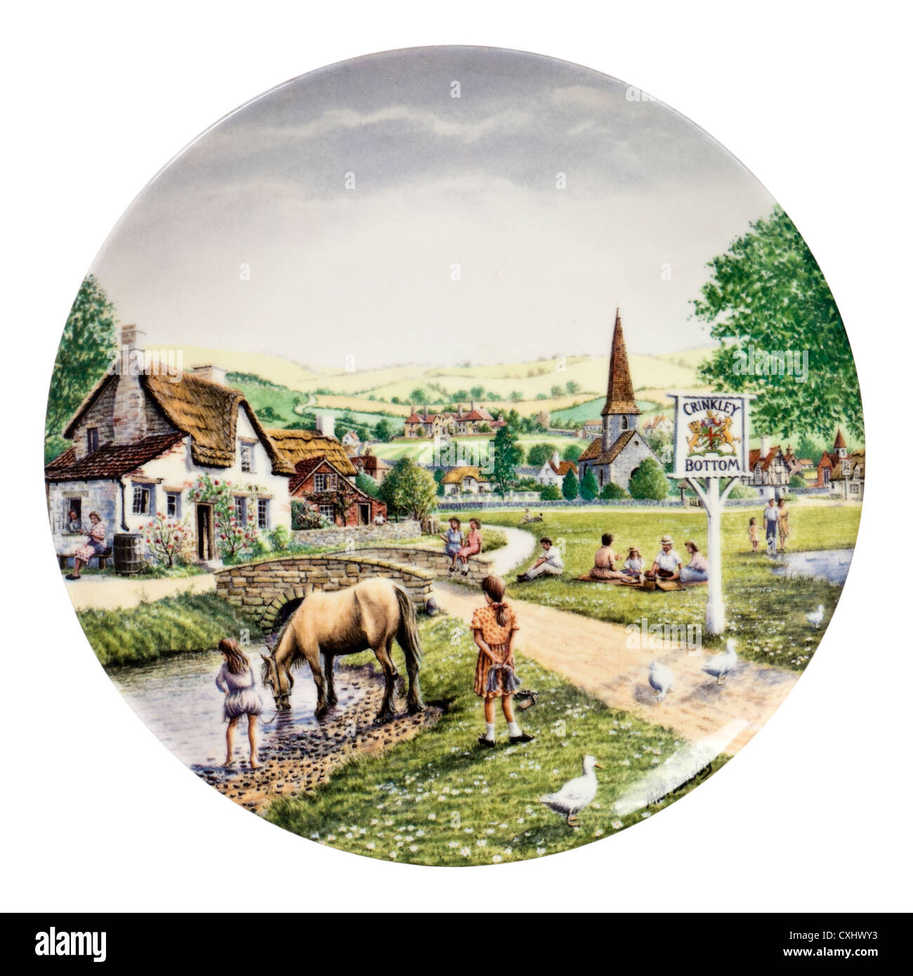 Royal Doulton Porzellan Sammler Platte - "The Village Green", erste Ausgabe der "Bottom-Crinkley" Limited Edition Serie. Stockfoto