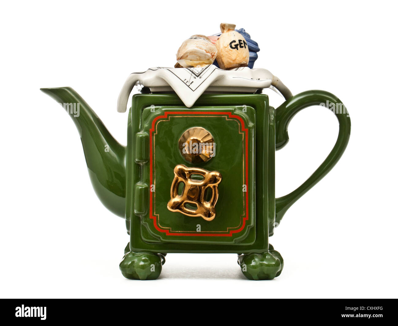 Neuheit "Sichere Bank" keramische Sammler Teekanne Stockfoto