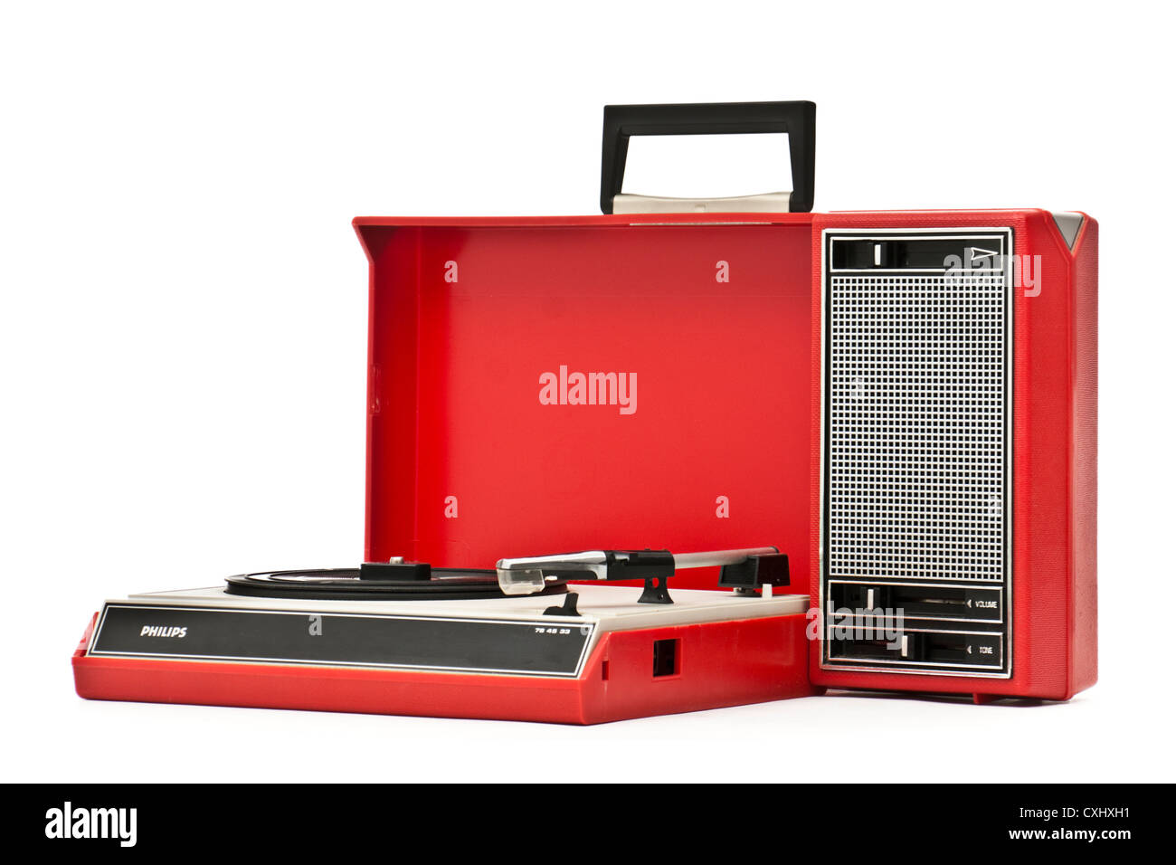 Seltene Vintage (1972) Philips GF403 "Party-de-Luxe" klappbare 3-Gang rot tragbare Plattenspieler Stockfoto