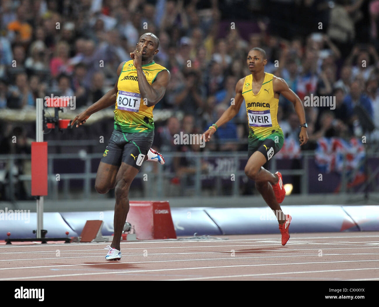 Jamaikas Usain Bolt gewinnt. Stockfoto