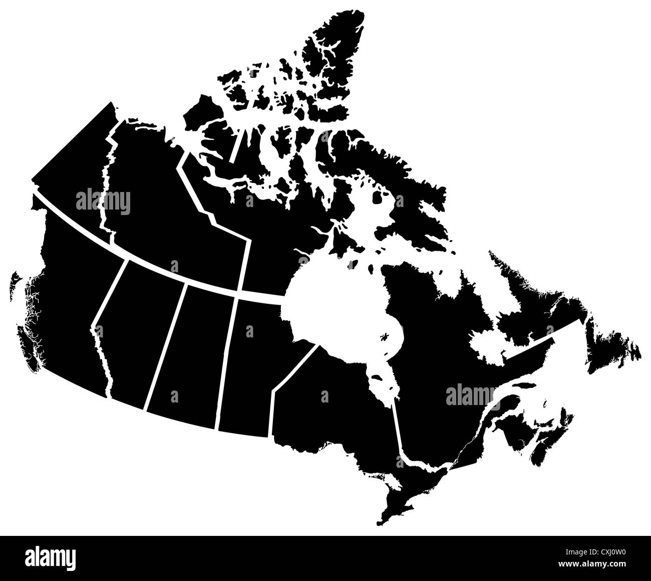 Detaillierte Karte der kanadischen Territorien, jedes Gebiet auf einer separaten Ebene beschriftet Stockfoto