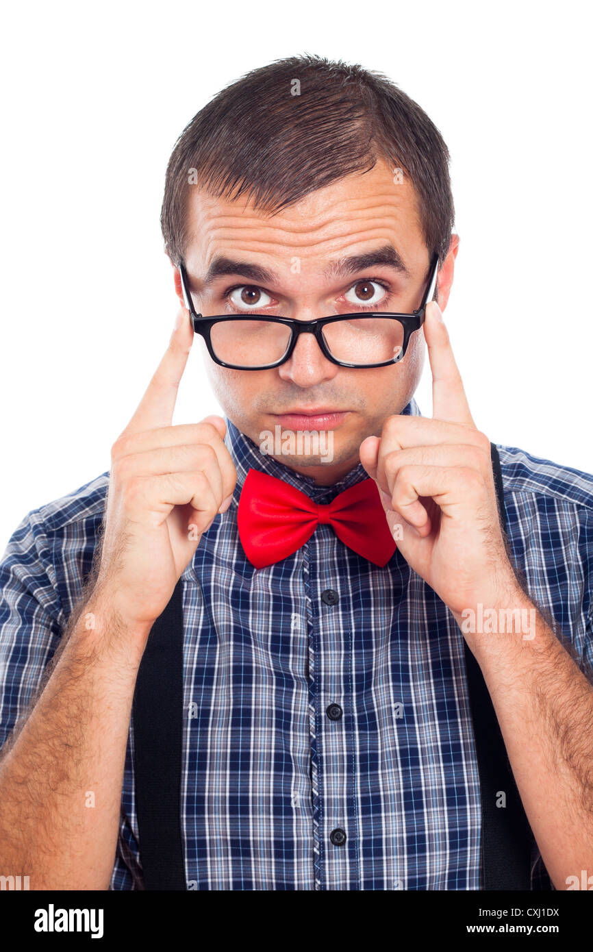 Nahaufnahme von lustigen Geek Mann, isoliert auf weißem Hintergrund. Stockfoto