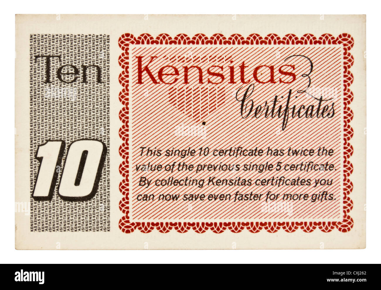 1930er Jahren Geschenk Kensitas "Ten Punkt" Zertifikat. Zertifikate oder Coupons wurden mit Kensitas Zigaretten verschenkt. Stockfoto