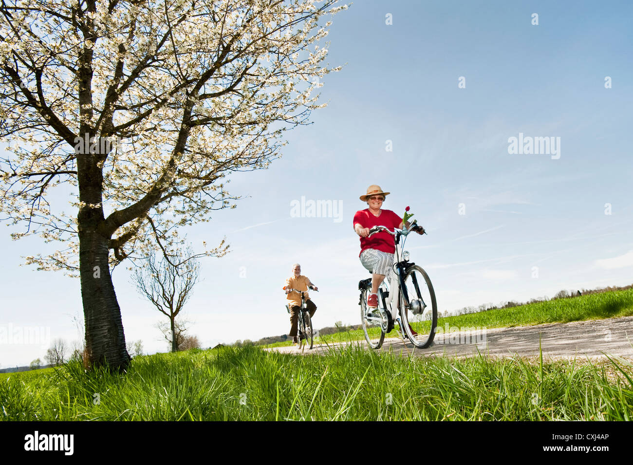 Deutschland, Bayern, älteres Paar Reiten Elektro-Fahrrad Stockfoto