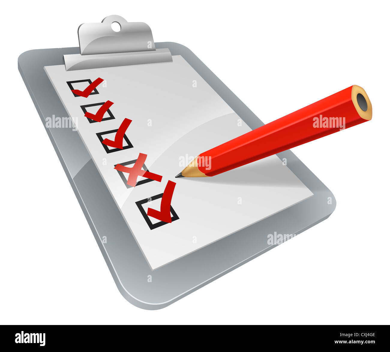 Ein Klemmbrett mit Bleistift darauf markieren. Eine Umfrage, Umfrage oder Prüfbescheinigung Stockfoto