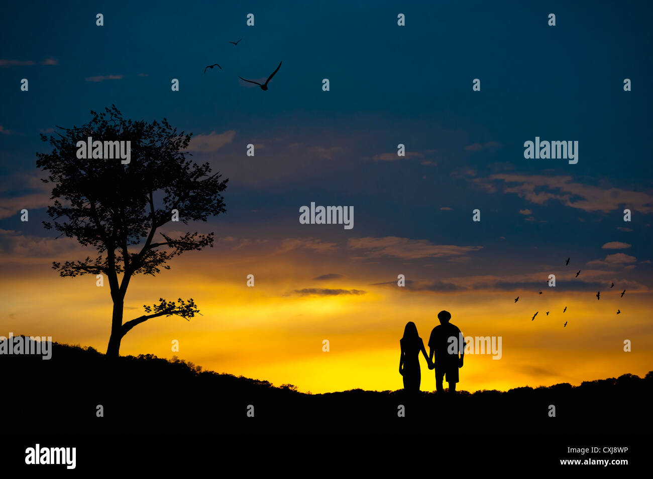 Paar in Liebe auf romantische Landschaft Stockfoto