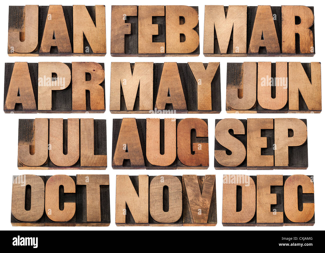 eine Collage aus isolierten 3-Buchstaben-Symbole in Vintage Buchdruck Holzart Blöcke - 12 Monate von Januar bis Dezember Stockfoto