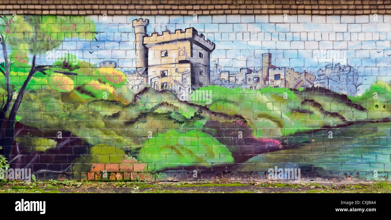 Echte Graffiti-Stil Realismus, gemalt auf eine Mauer von einem alten Schuppen. Der Fluss, die Hügel, die industrielle abstrakte Burg. Stockfoto