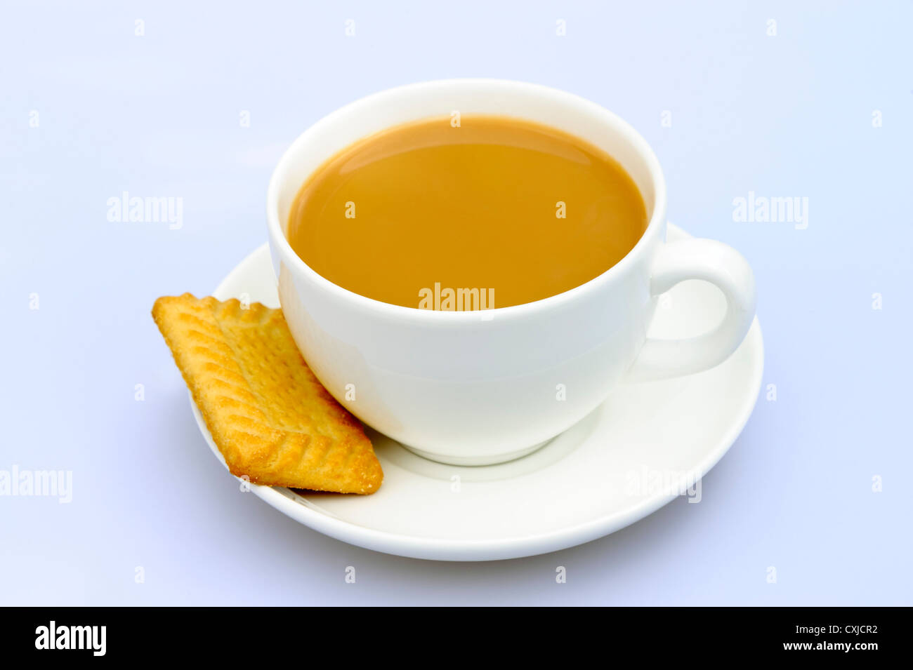 Tasse Tee in eine schlichte weiße Tasse & Untertasse. Tee und Keks, UK. Stockfoto