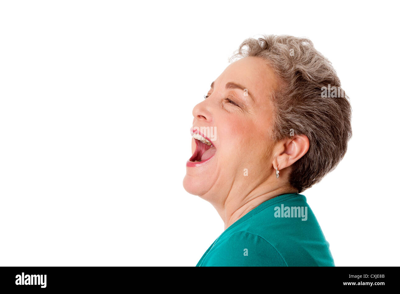Glückliche senior Frau sprechen, schreien schreien singen Stockfoto