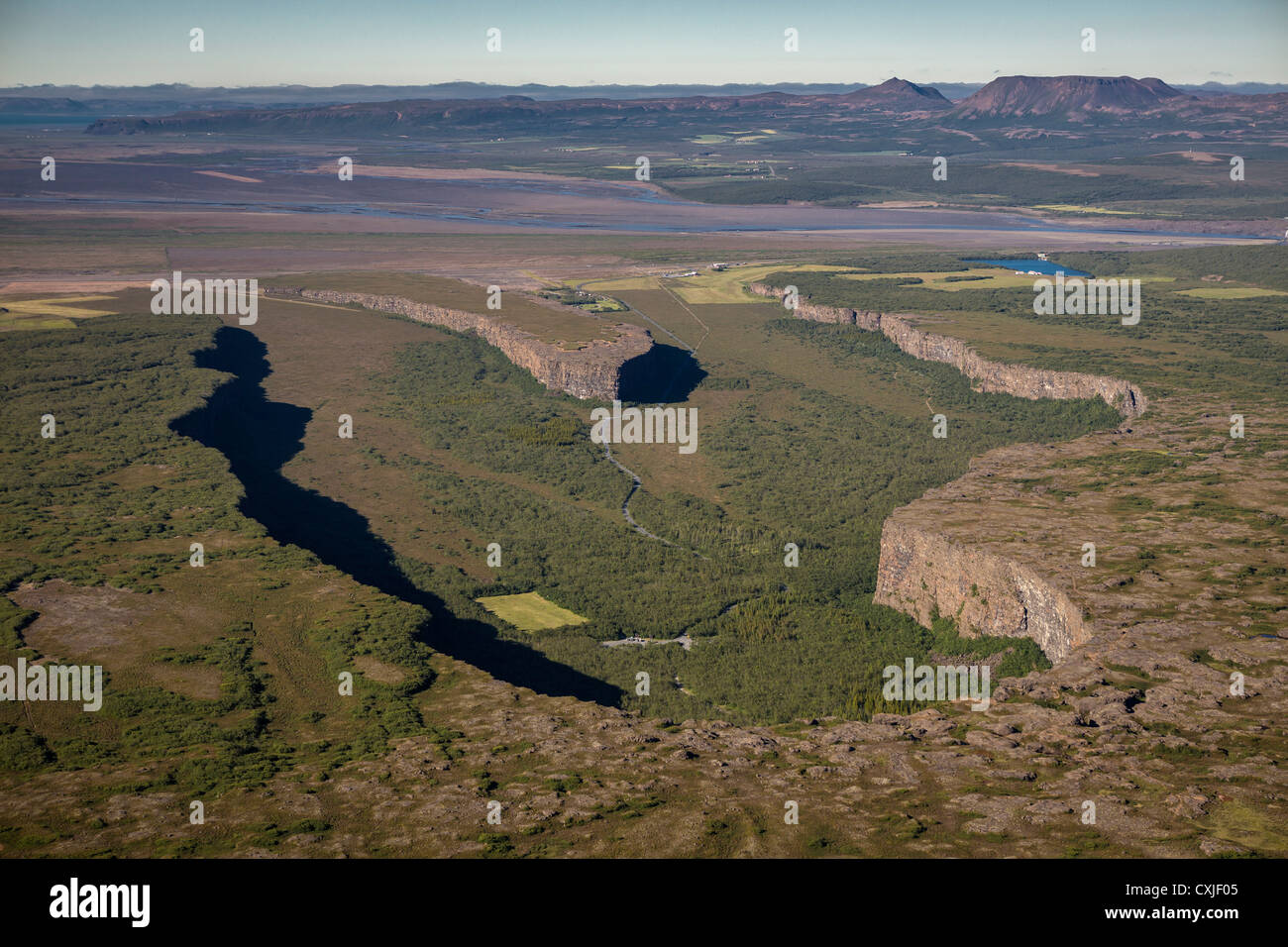 Luftaufnahmen von Ásbyrgi Canyon, Jokulsargljufur Nationalpark, Island Stockfoto