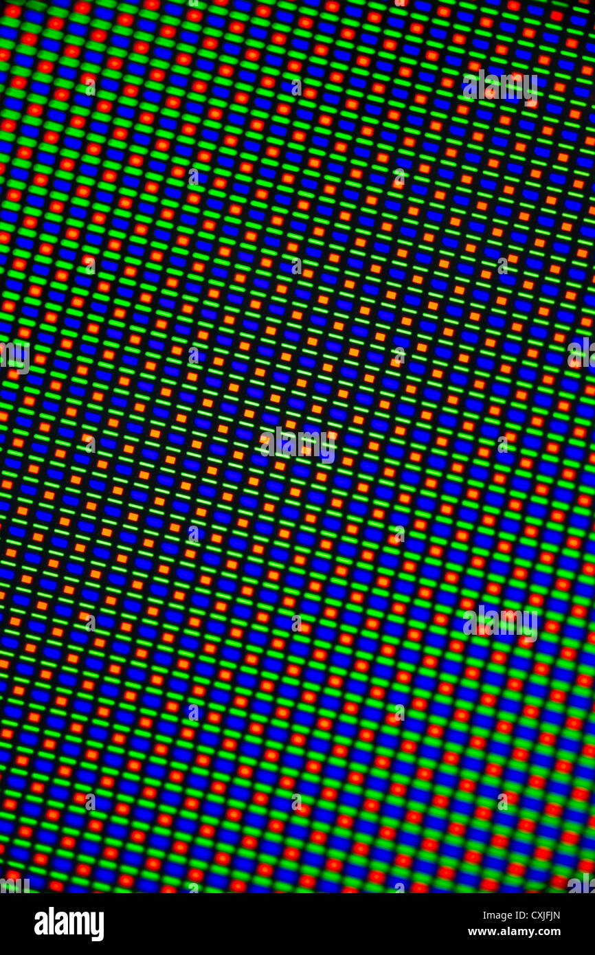 Die Mikrophotographie Pixel von einem Samsung Touchscreen. Super Amoled HD (1280 x 800 Pixel, 5,3 ', 285 Ppi WXGA). Stockfoto