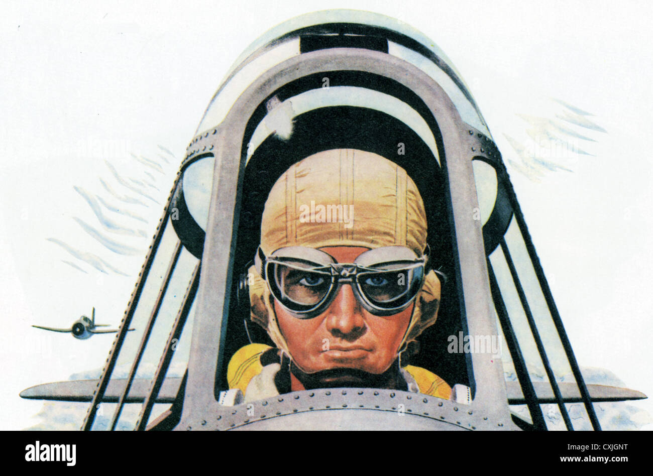 PILOT von uns GRUMMAN HELLCAT-Jagdflugzeug im Jahr 1944 wie in einem Werbespot für Nash/Kelvinator gezeigt, die die Motoren hergestellt Stockfoto