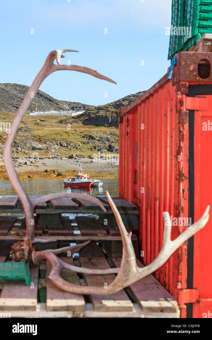 Blick auf Angelboot Caribou Geweih im Hafen Itilleq, ein Dorf von 80 Personen der Inuit in Grönland Stockfoto