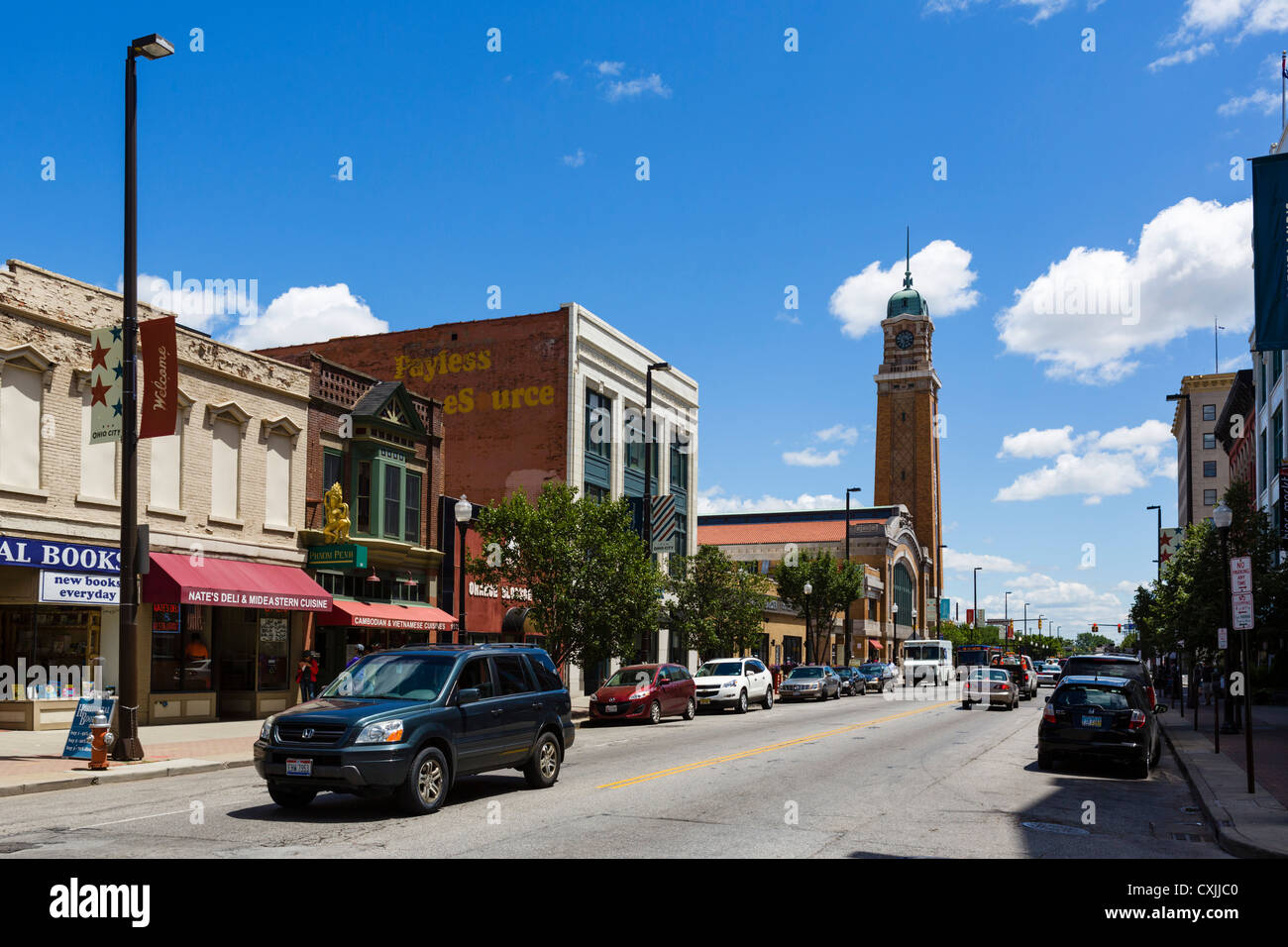 West 25th Street mit Blick auf den Stadtteil Marktplatz, Ohio, Cleveland, Ohio, USA Stockfoto