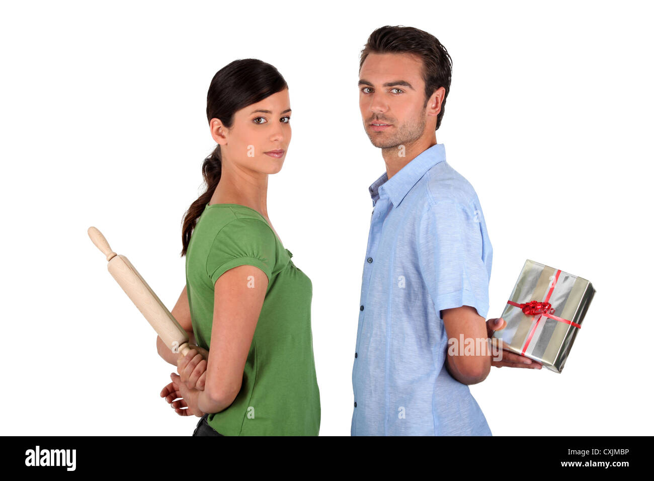 Mann entschuldigt sich bei Frau Stockfoto