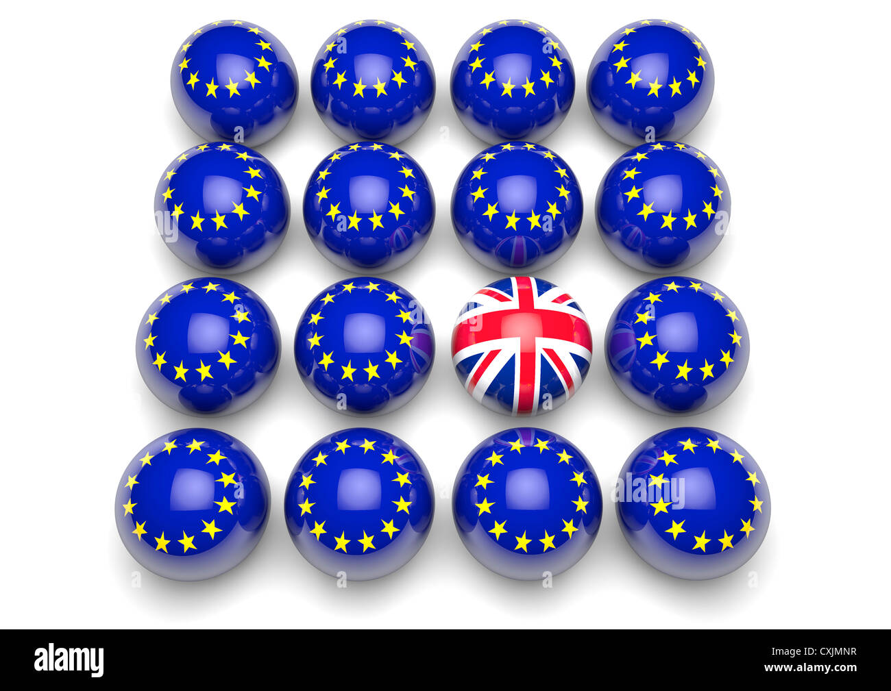 15 Bälle mit der Flagge von Europa und 1 Ball mit der britischen union flag-Konzept Bild Stockfoto