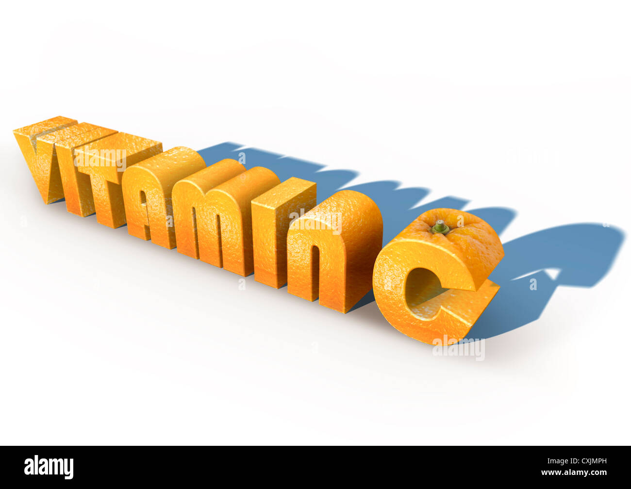 3D-Rendering des Wortes vitamin c mit Orange Peel auf weißem Hintergrund texturiert. Konzept Bild Stockfoto