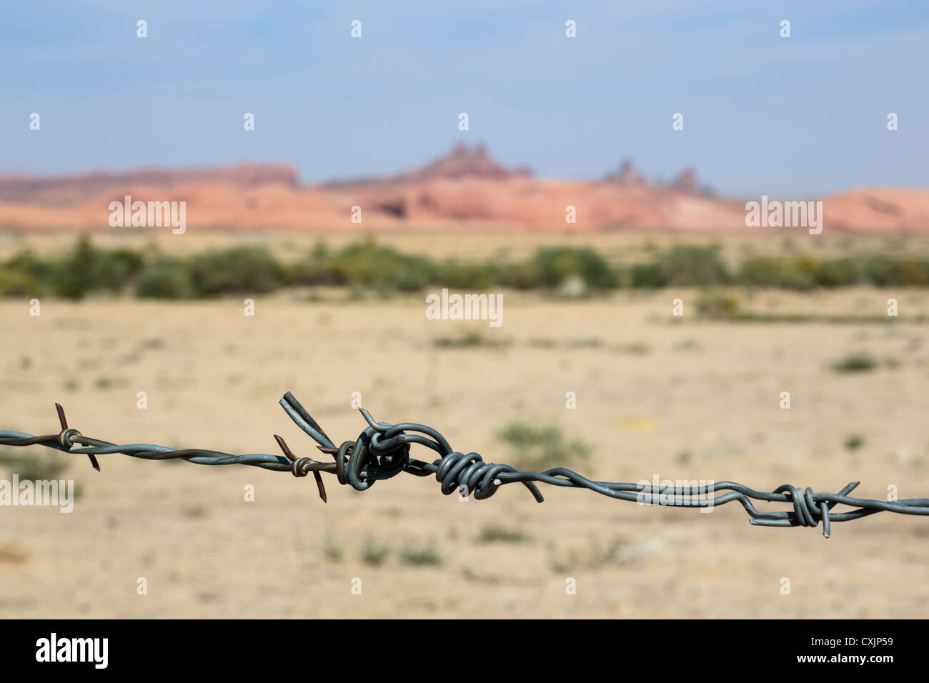 Barbed Wire Fechten und die Wüstenlandschaft, Navajo-Land in der Nähe von Kayenta, Arizona Stockfoto