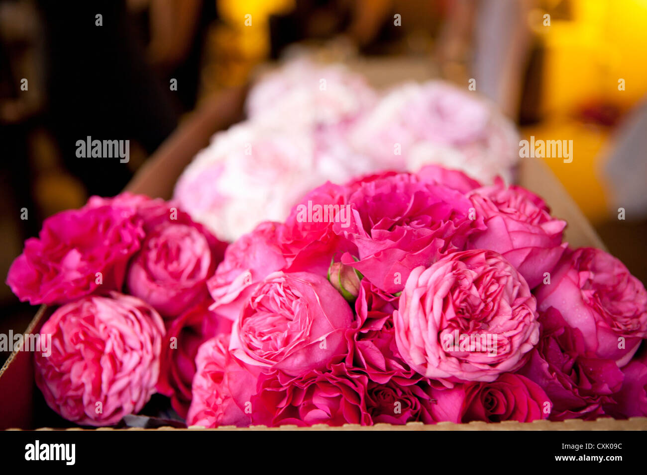 Schachtel mit Blumen bei Hochzeitsfeiern Stockfoto