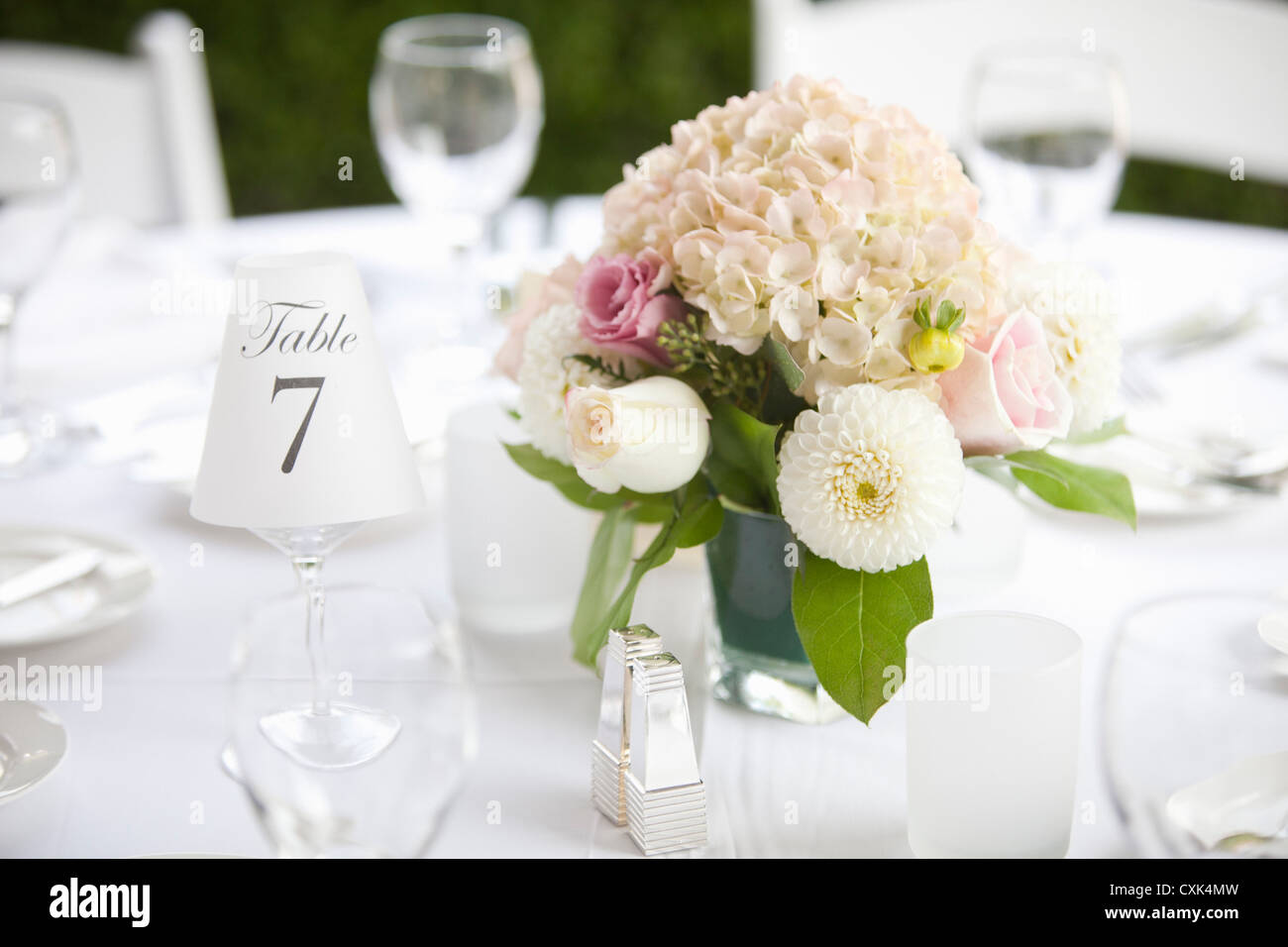 Mittelstück auf Tabelle bei Hochzeit, Toronto, Ontario, Kanada Stockfoto