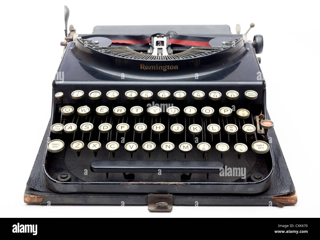 Eine Nahaufnahme von einer alten Schreibmaschine und die Tasten und Briefe und Bars. Stockfoto