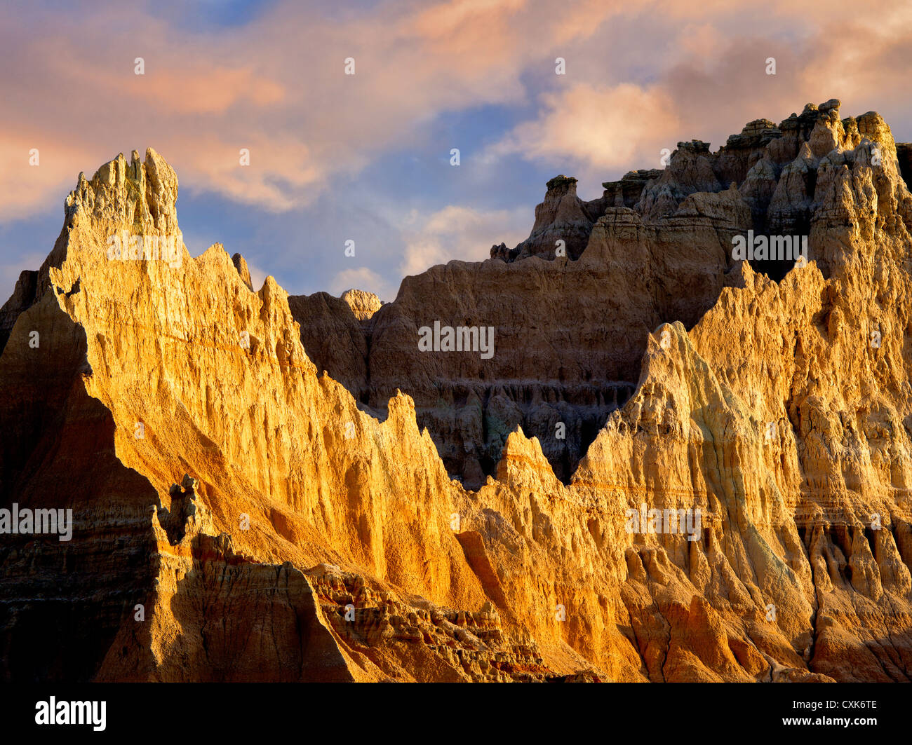 Ausgewaschene Felsformationen in Badlands Nationalpark, South Dakota. Stockfoto