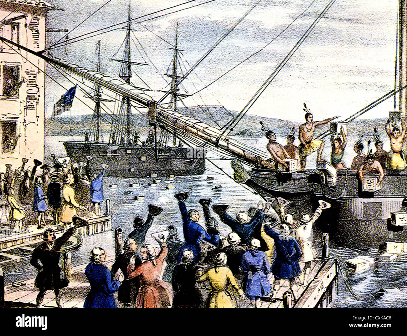 DIE BOSTON TEA PARTY ein 1846 Lithografie von Nathaniel Currier der Ereignisse am 16. Dezember 1773 Stockfoto