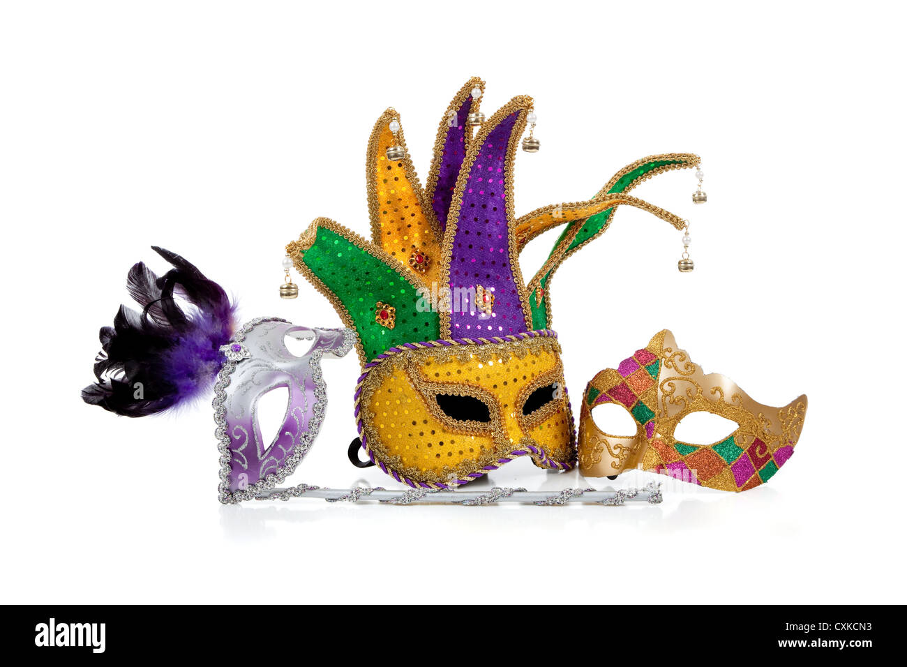 Karneval und Narren Masken auf weißem Hintergrund Stockfoto