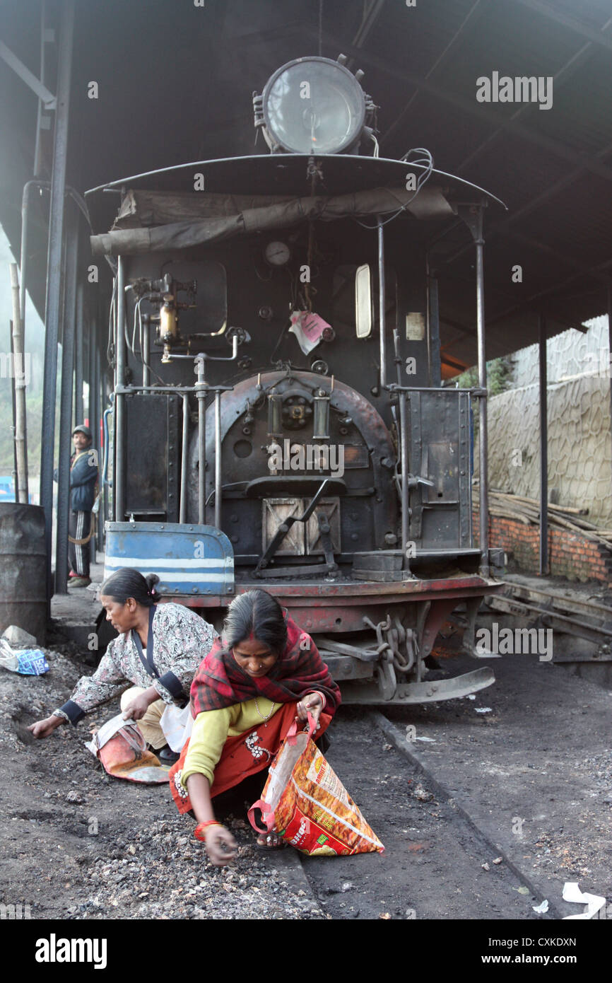 Frauen, die Nahrungssuche für die Brocken Kohle am Motor Schuppen Darjeeling Indien Stockfoto